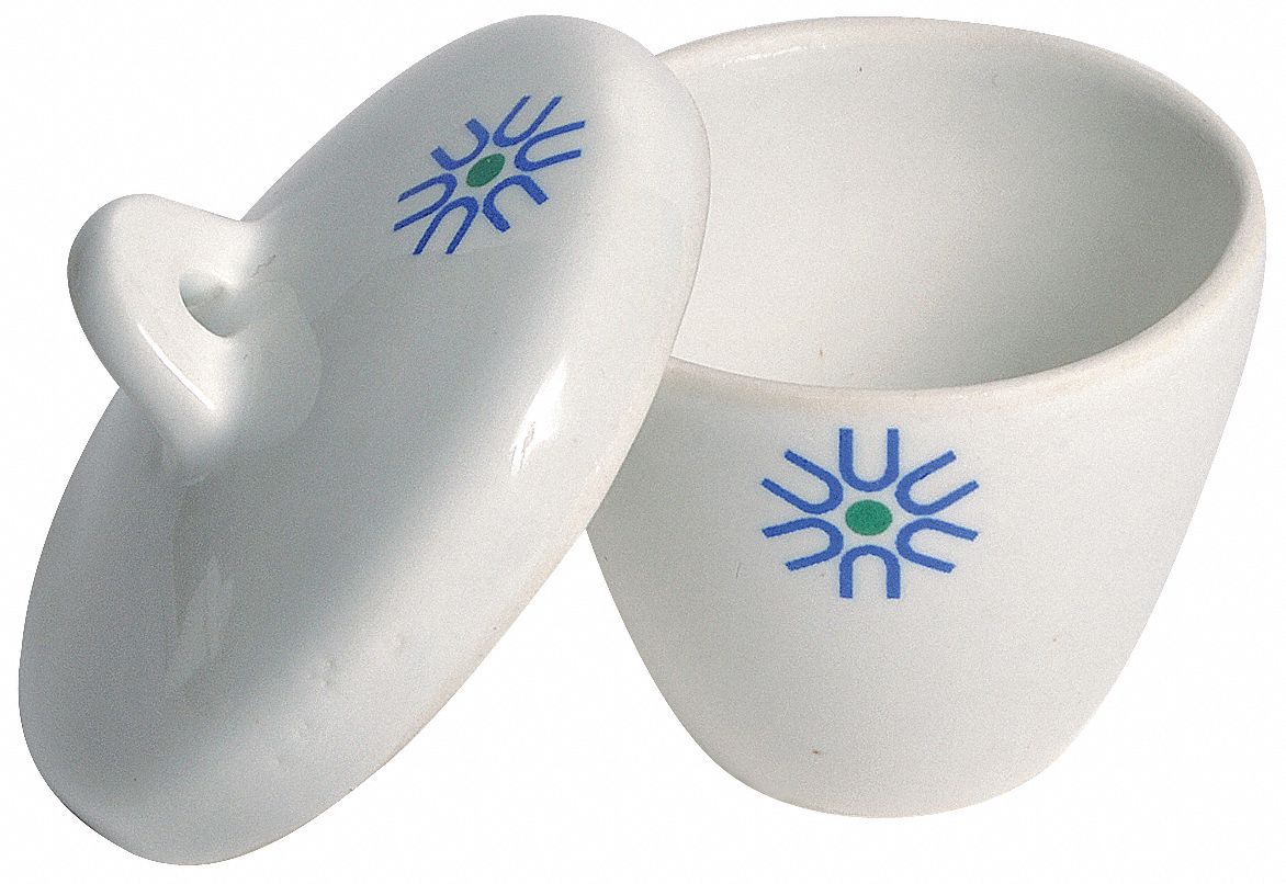 Crucible: 50 mm Dia, 40 mm Overall Ht, 40 mL Capacity - mL, Glazed, Porcelain, Autoclavable