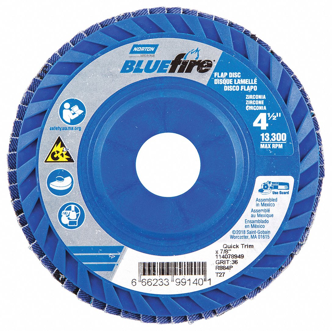 NORTON Type 27, Flap Disc, Zirconia Alumina, 4 1/2 in Disc Diameter, 36