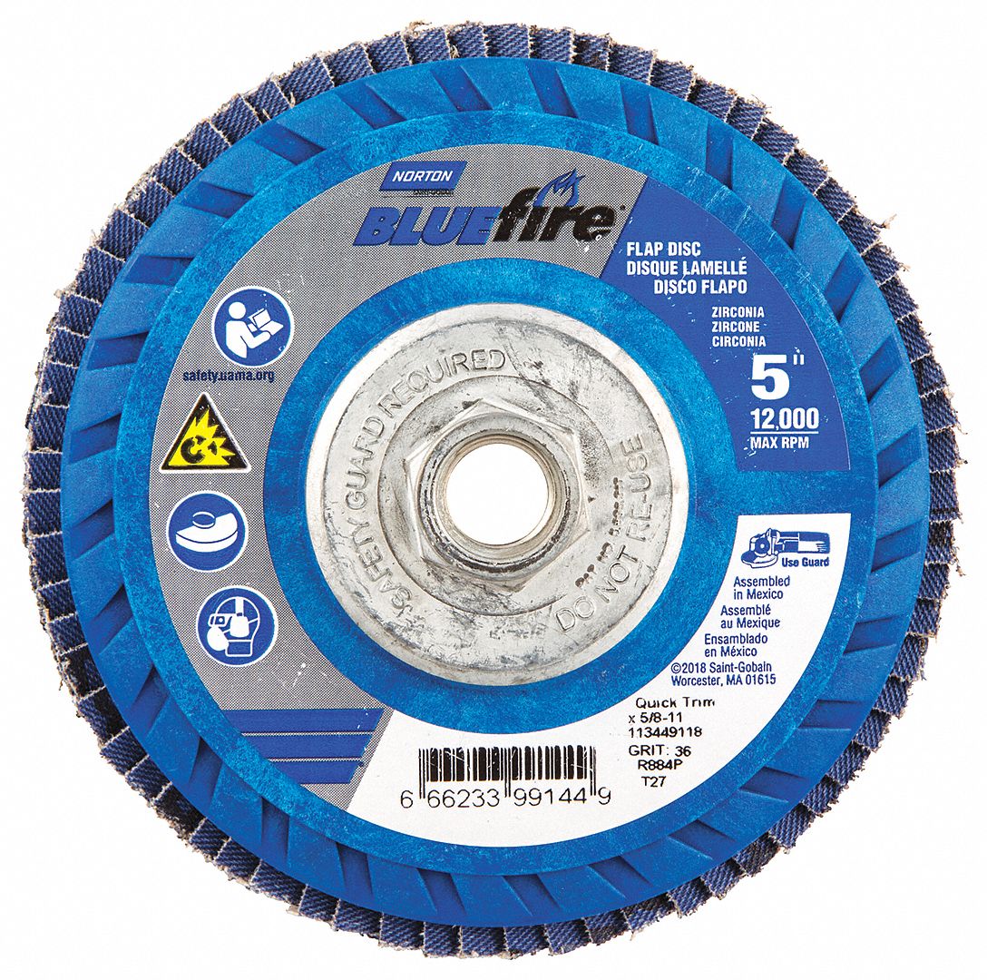 Flap Disc: Type 27, 5" x 5/8"-11, Zirconia Alumina, P36 Grit, Plastic Bk, Std Density
