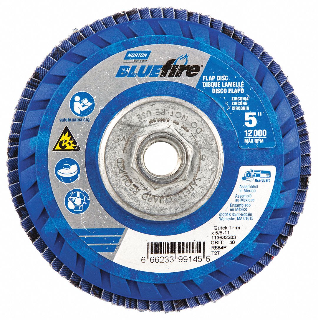 Flap Disc: Type 27, 5" x 5/8"-11, Zirconia Alumina, P40 Grit, Plastic Bk, Std Density