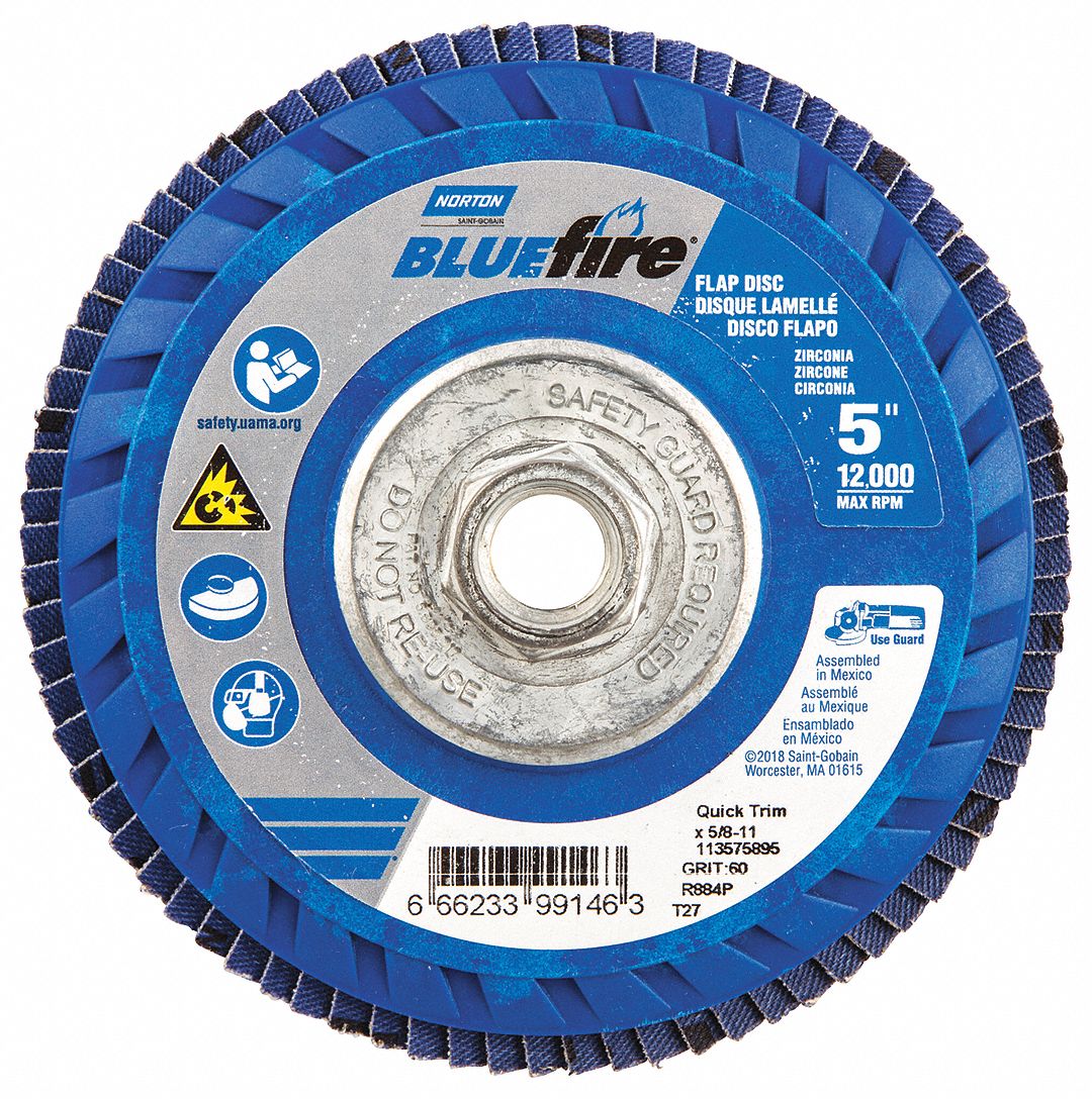 Flap Disc: Type 27, 5" x 5/8"-11, Zirconia Alumina, P60 Grit, Plastic Bk, Std Density