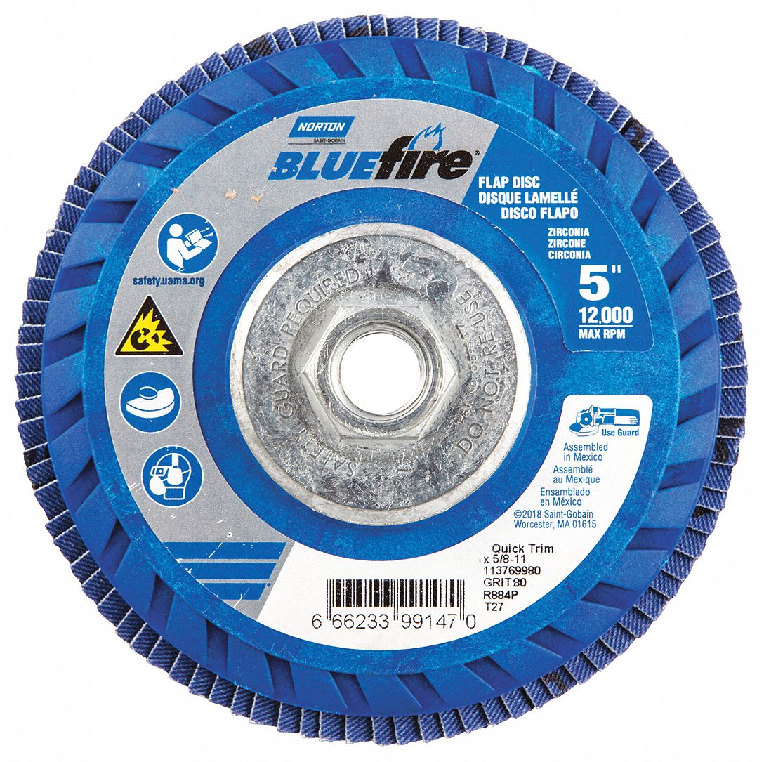 Flap Disc: Type 27, 5" x 5/8"-11, Zirconia Alumina, P80 Grit, Plastic Bk, Std Density