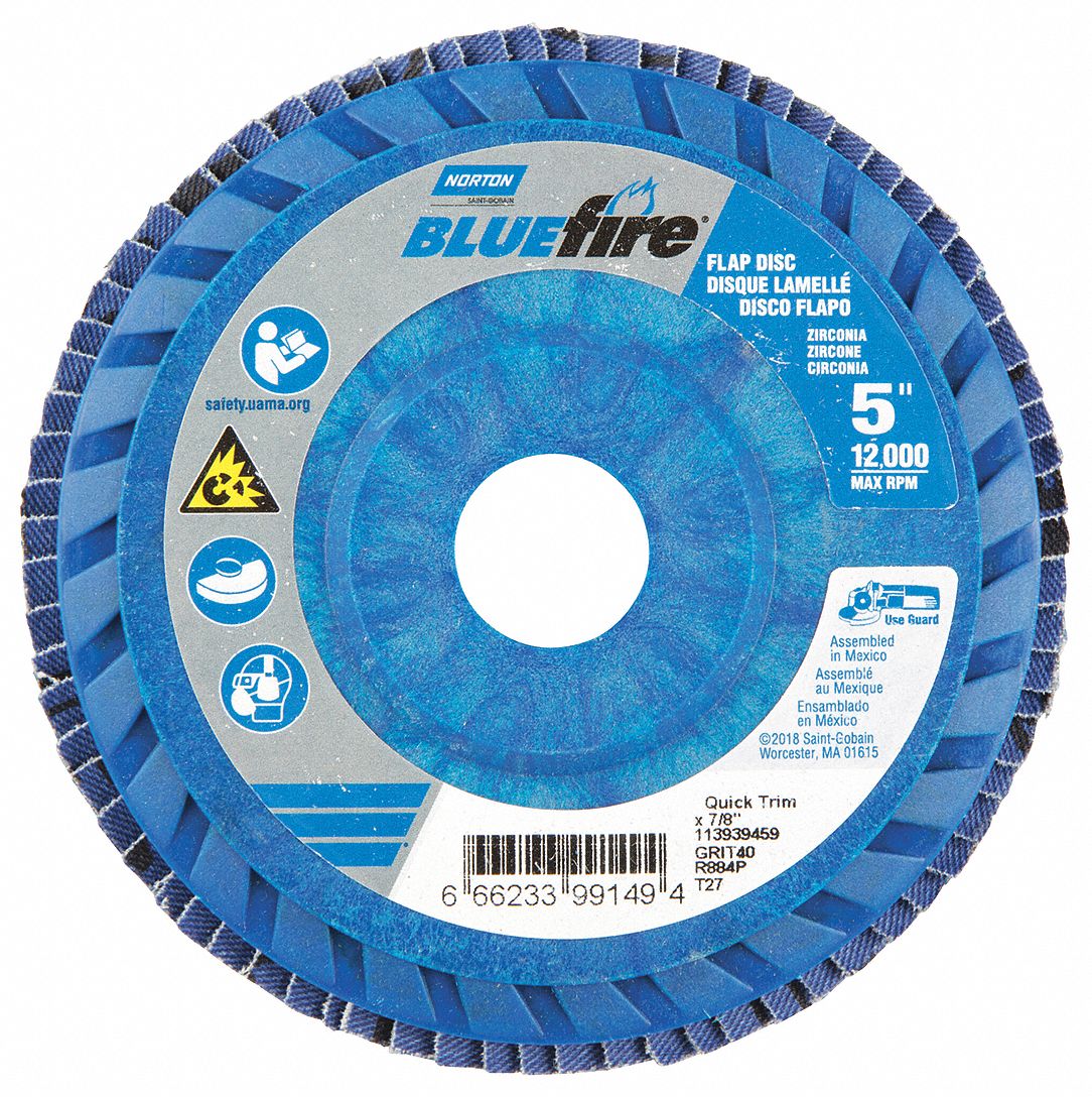 Flap Disc: Type 27, 5" x 7/8", Zirconia Alumina, P40 Grit, Plastic Bk, Std Density