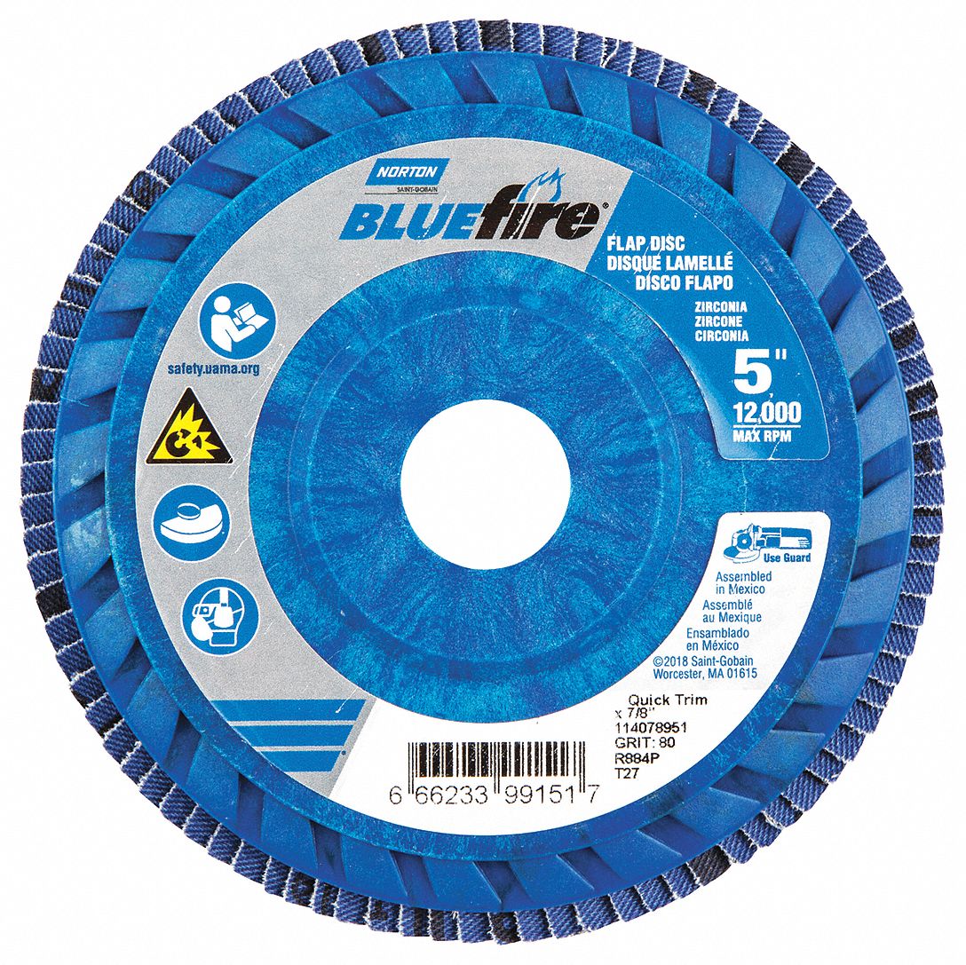 Flap Disc: Type 27, 5" x 7/8", Zirconia Alumina, P80 Grit, Plastic Bk, Std Density