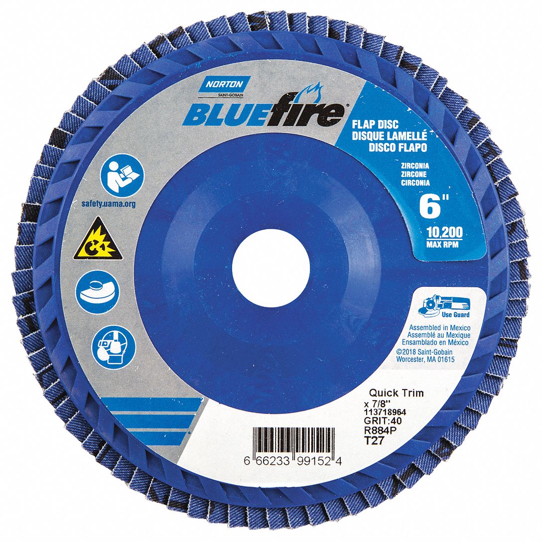 Flap Disc: Type 27, 6" x 7/8", Zirconia Alumina, P40 Grit, Plastic Bk, Std Density