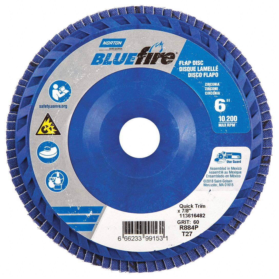 Flap Disc: Type 27, 6" x 7/8", Zirconia Alumina, P60 Grit, Plastic Bk, Std Density