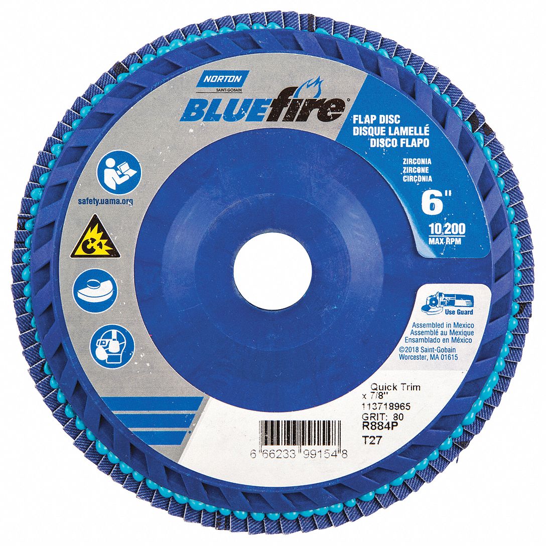 Flap Disc: Type 27, 6" x 7/8", Zirconia Alumina, P80 Grit, Plastic Bk, Std Density
