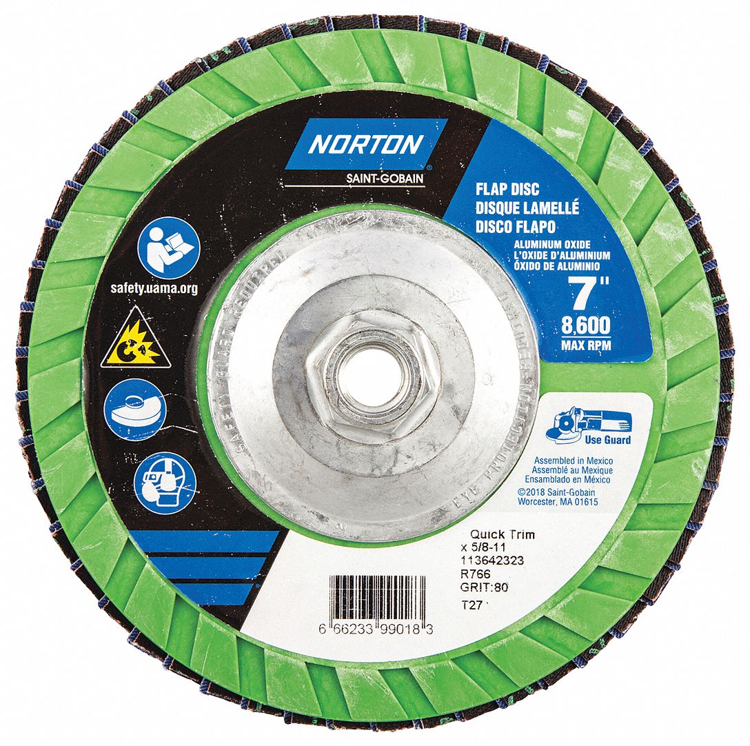 Flap Disc: Type 27, 7" x 5/8"-11, Zirconia Alumina, P80 Grit, Plastic Bk, Std Density