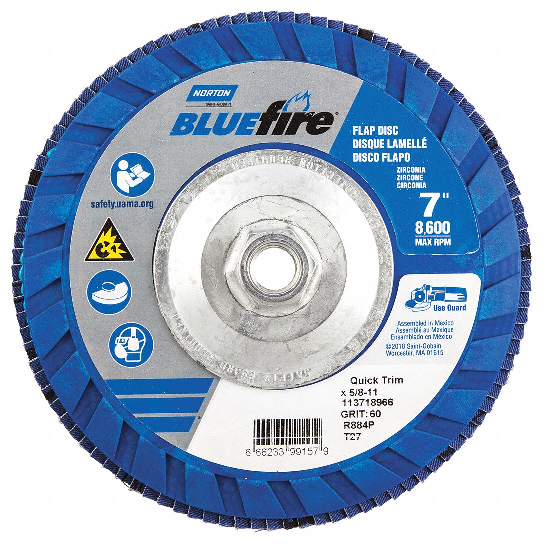 Flap Disc: Type 27, 7" x 5/8"-11, Zirconia Alumina, P60 Grit, Plastic Bk, Std Density