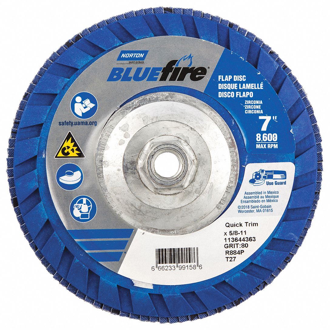 Flap Disc: Type 27, 7" x 5/8"-11, Zirconia Alumina, P80 Grit, Plastic Bk, Std Density