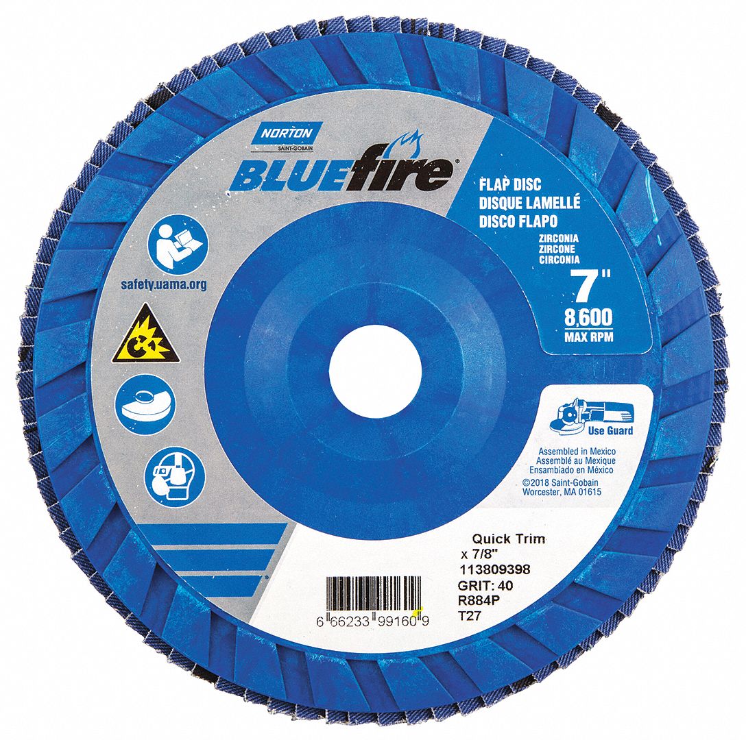 FLAP DISC, TYPE 27, 7 IN X ⅞ IN, ZIRCONIA ALUMINA, P40 GRIT, PLASTIC BACKING, STANDARD DENSITY