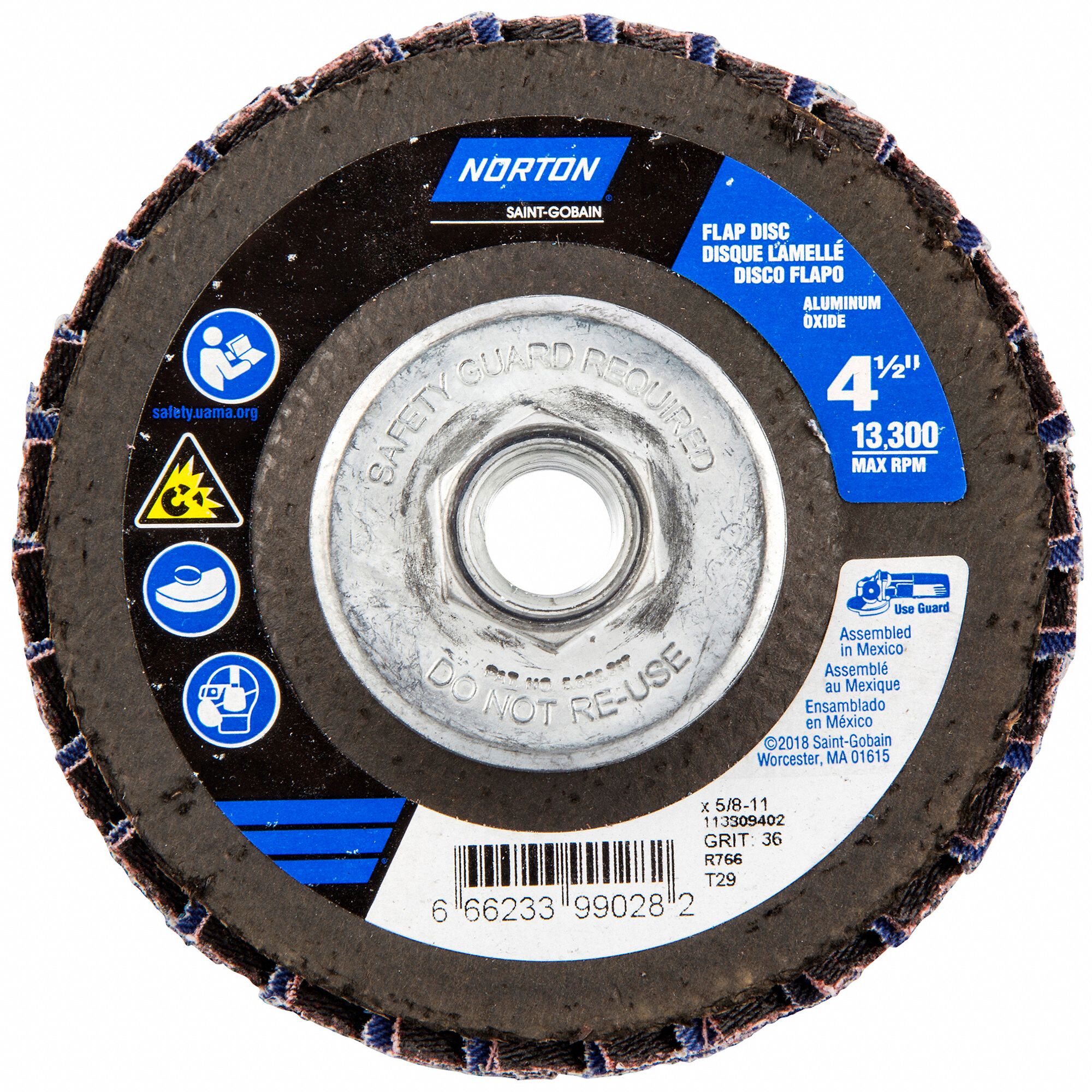 NORTON Type 29, Flap Disc, Aluminum Oxide, 4 1/2 in Disc Diameter, 36