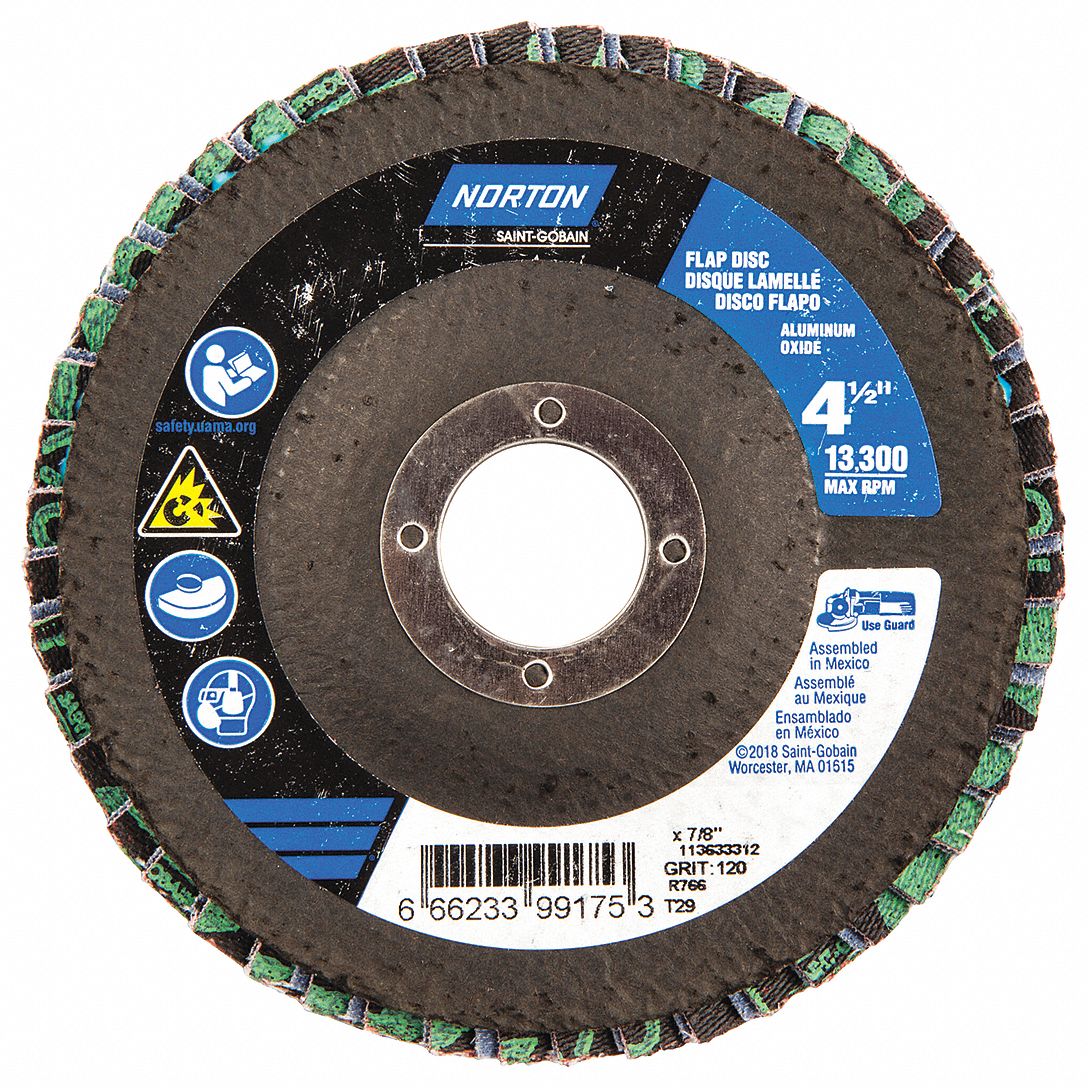 Flap Disc: Type 29, 4-1/2" x 7/8", Zirconia Alumina, P120 Grit, Fiberglass Bk, Std Density