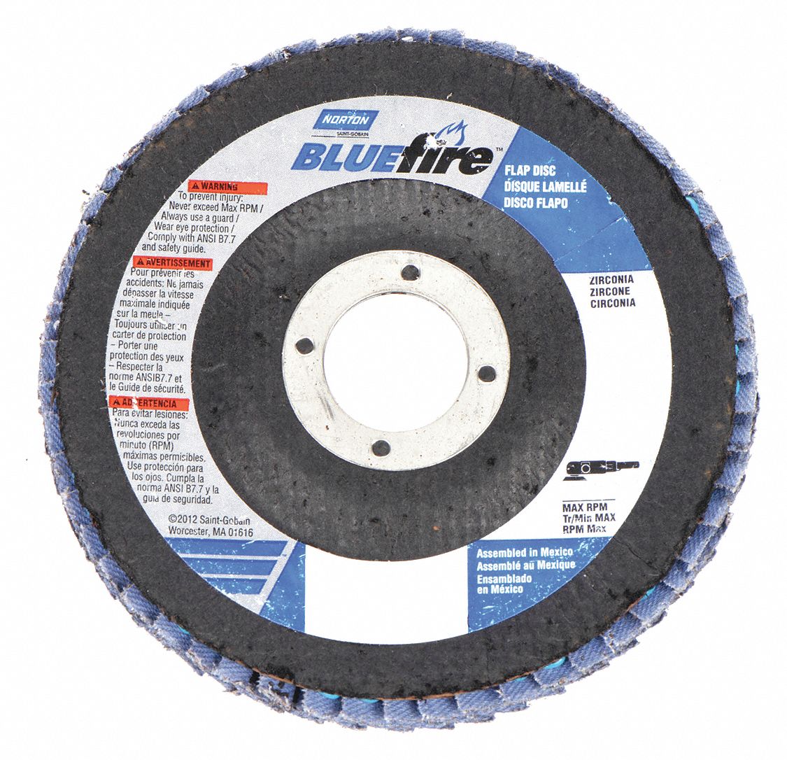 FLAP DISC, TYPE 29, 4½ IN X ⅞ IN, ZIRCONIA ALUMINA, P24 GRIT, FIBREGLASS BACKING, STANDARD DENSITY