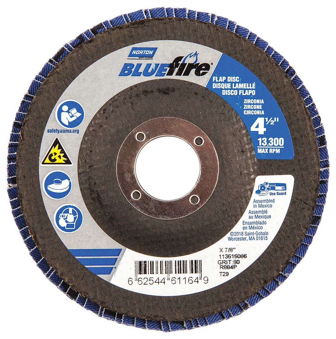 Flap Disc: Type 29, 4-1/2" x 7/8", Zirconia Alumina, P80 Grit, Fiberglass Bk, Std Density