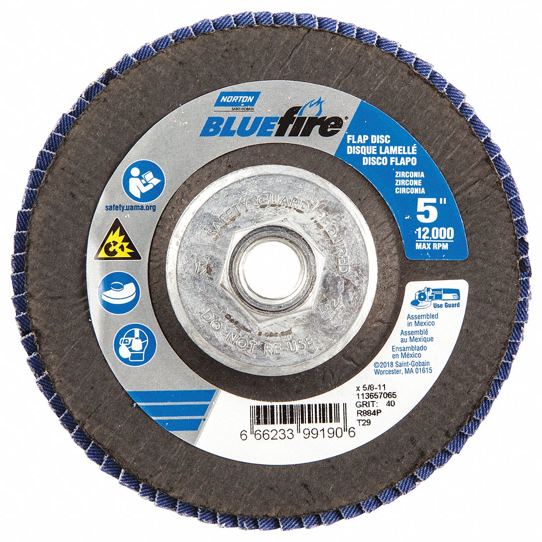 Flap Disc: Type 29, 5" x 5/8"-11, Zirconia Alumina, P40 Grit, Fiberglass Bk, Std Density