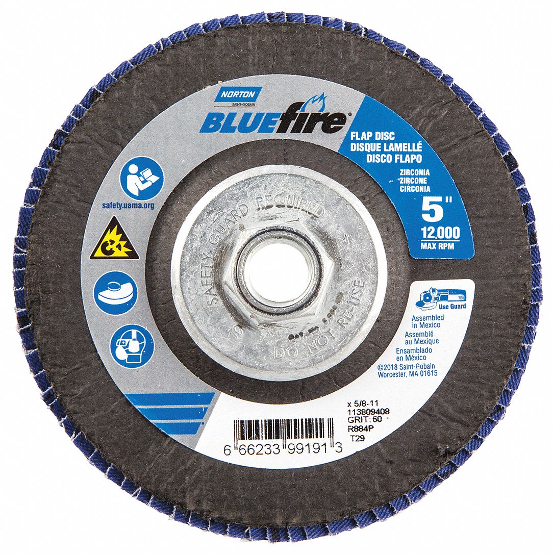 Flap Disc: Type 29, 5" x 5/8"-11, Zirconia Alumina, P60 Grit, Fiberglass Bk, Std Density