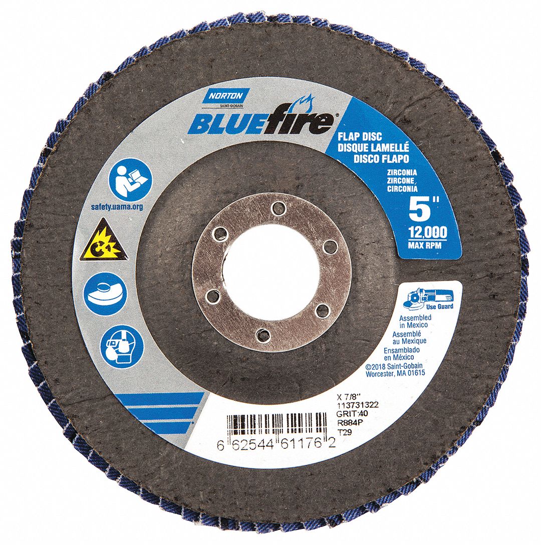 Flap Disc: Type 29, 5" x 7/8", Zirconia Alumina, P40 Grit, Fiberglass Bk, Std Density