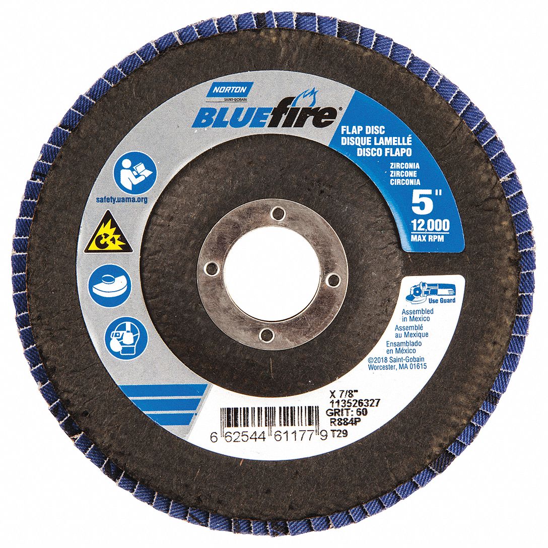 Flap Disc: Type 29, 5" x 7/8", Zirconia Alumina, P60 Grit, Fiberglass Bk, Std Density