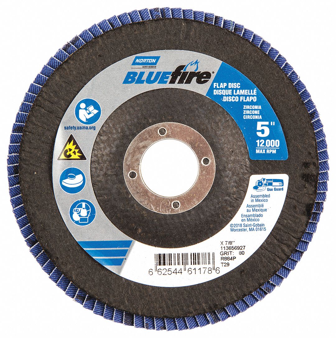 Flap Disc: Type 29, 5" x 7/8", Zirconia Alumina, P80 Grit, Fiberglass Bk, Std Density