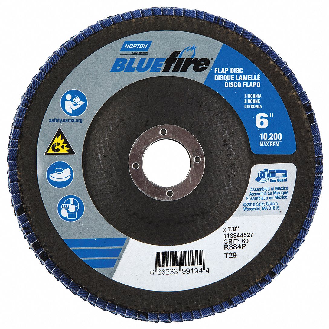 FLAP DISC, TYPE 29, 6 IN X ⅞ IN, ZIRCONIA ALUMINA, P60 GRIT, FIBREGLASS BACKING, STANDARD DENSITY