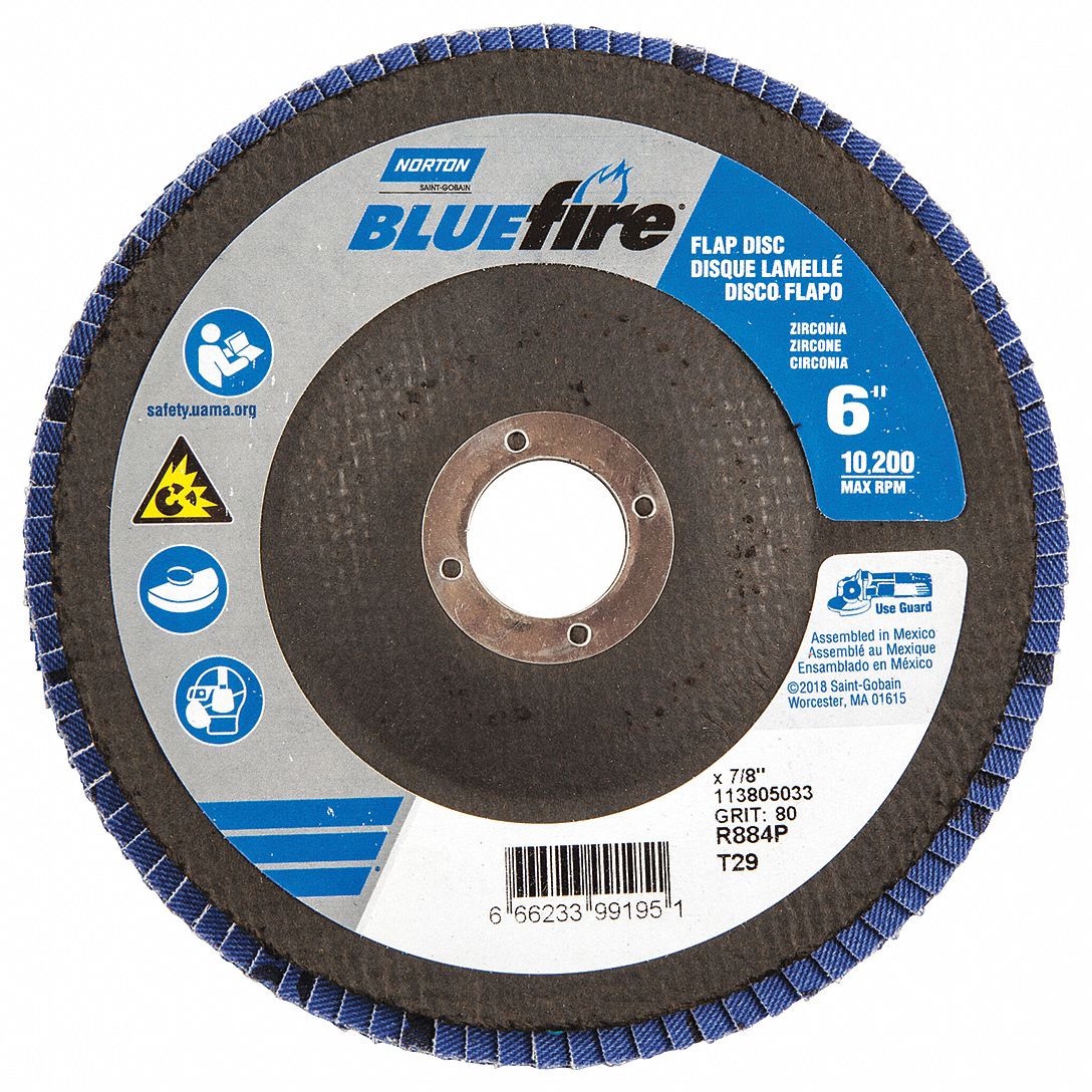 Flap Disc: Type 29, 6" x 7/8", Zirconia Alumina, P80 Grit, Fiberglass Bk, Std Density