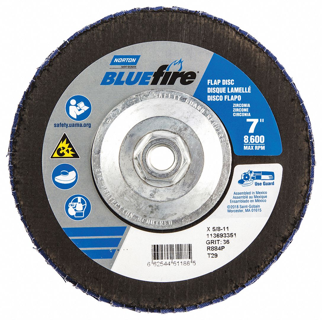 Flap Disc: Type 29, 7" x 5/8"-11, Zirconia Alumina, P36 Grit, Fiberglass Bk, Std Density