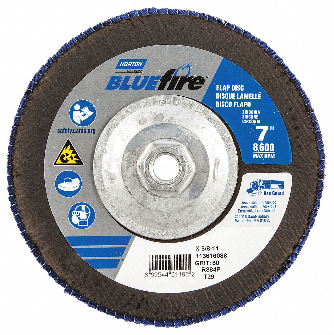 Flap Disc: Type 29, 7" x 5/8"-11, Zirconia Alumina, P60 Grit, Fiberglass Bk, Std Density