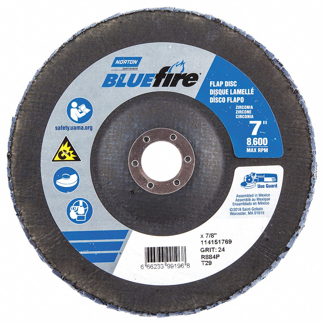 Flap Disc: Type 29, 7" x 7/8", Zirconia Alumina, P24 Grit, Fiberglass Bk, Std Density