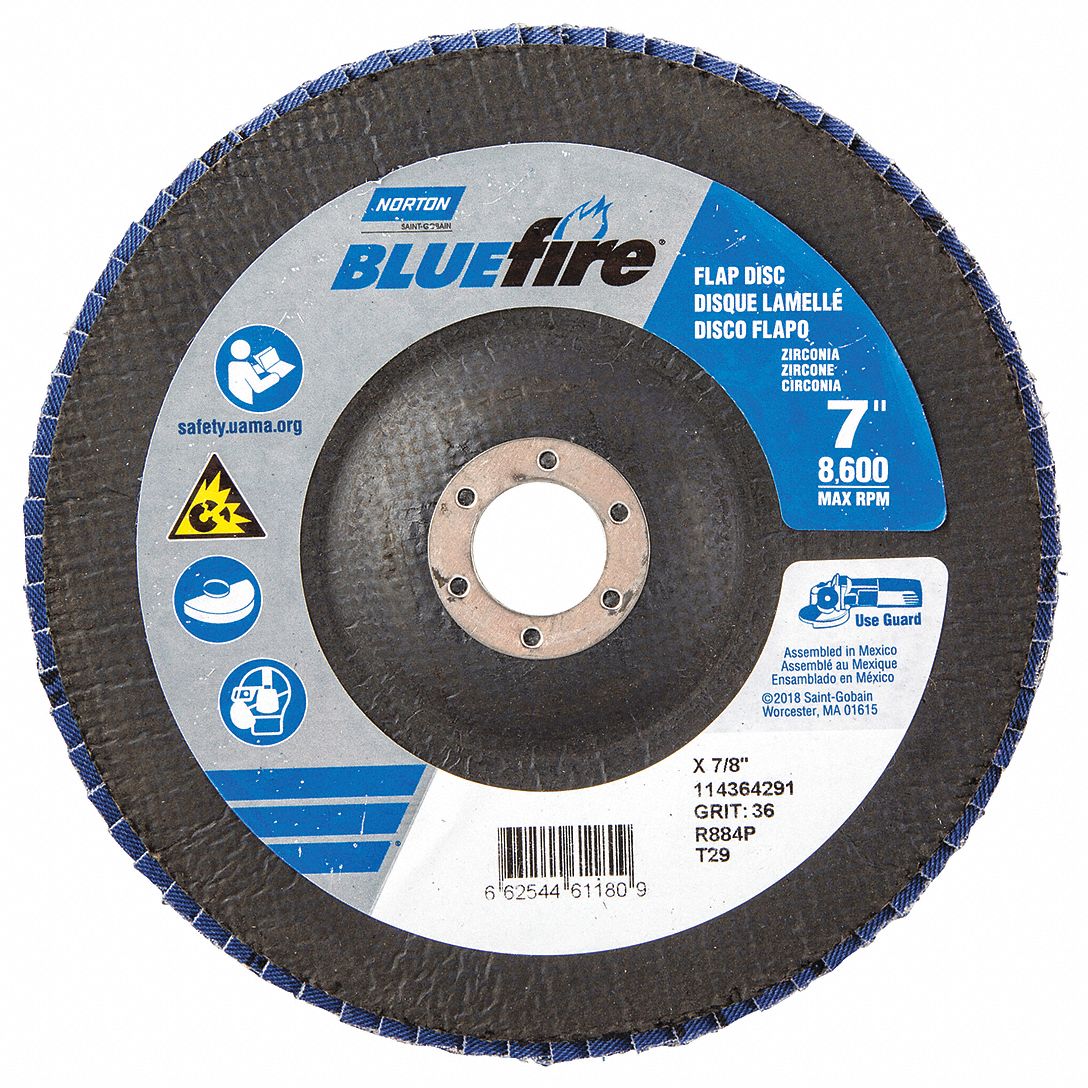 Flap Disc: Type 29, 7" x 7/8", Zirconia Alumina, P36 Grit, Fiberglass Bk, Std Density
