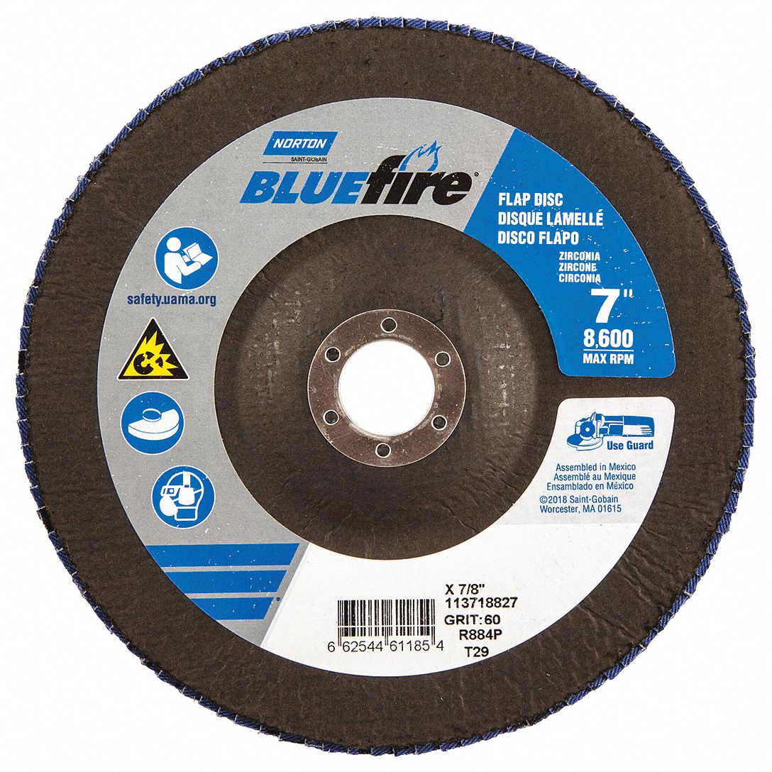 Flap Disc: Type 29, 7" x 7/8", Zirconia Alumina, P60 Grit, Fiberglass Bk, Std Density