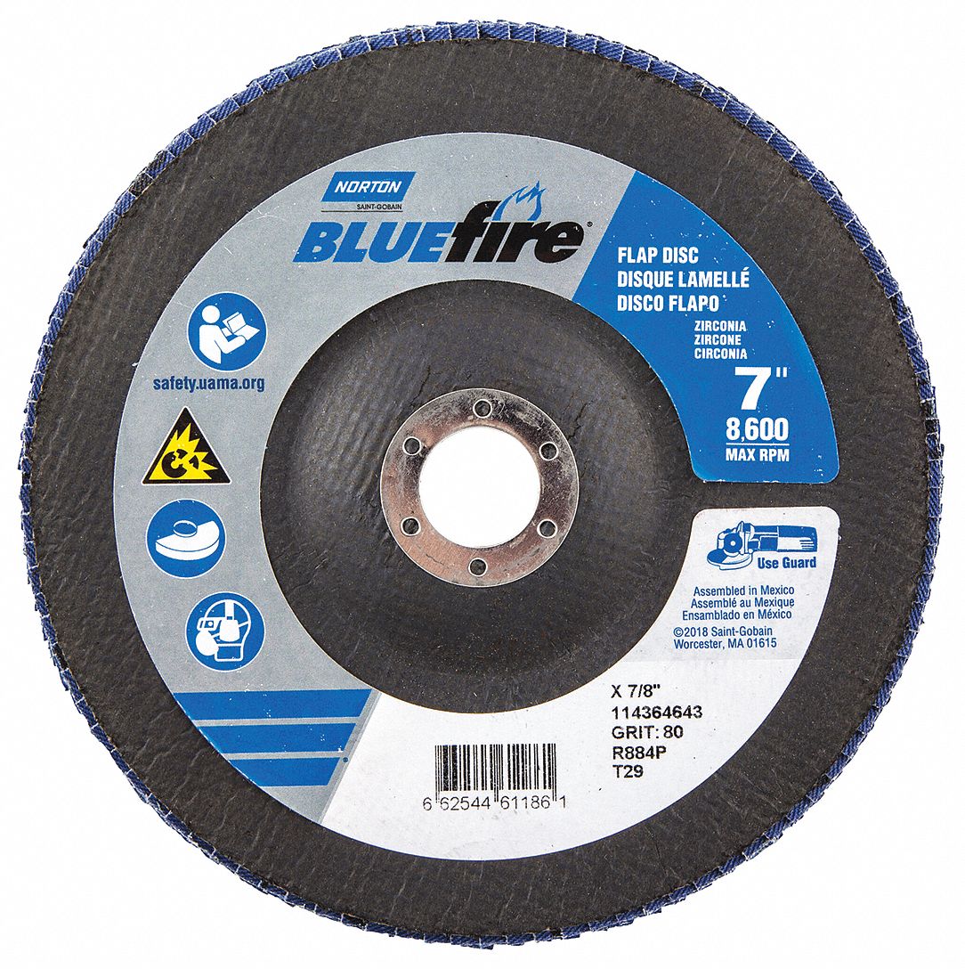 Flap Disc: Type 29, 7" x 7/8", Zirconia Alumina, P80 Grit, Fiberglass Bk, Std Density