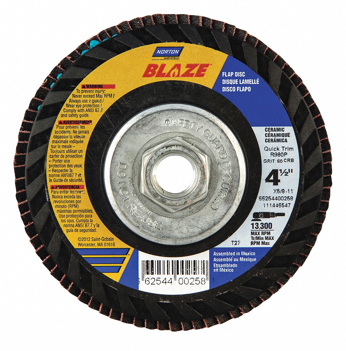 Flap Disc: Type 27, 5" x 7/8", Ceramic, 120 Grit, Plastic Bk, Std Density, Blaze R980P