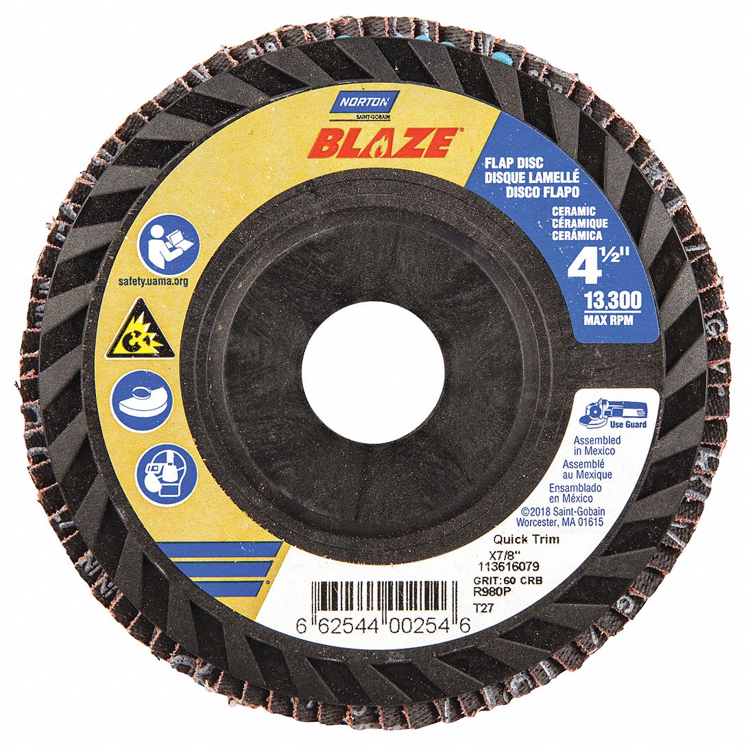 Flap Disc: Type 27, 4-1/2" x 7/8", Ceramic, 60 Grit, Plastic Bk, Std Density, Blaze R980P