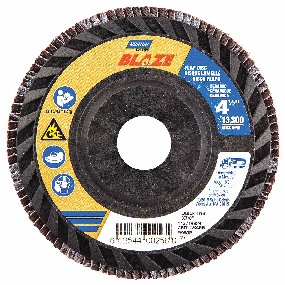 Flap Disc: Type 27, 4-1/2" x 7/8", Ceramic, 120 Grit, Plastic Bk, Std Density, Blaze R980P
