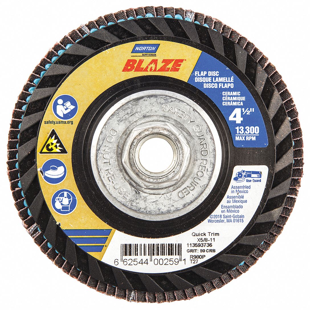 Flap Disc: Type 27, 4-1/2" x 5/8"-11, Ceramic, 80 Grit, Plastic Bk, Std Density, Blaze R980P
