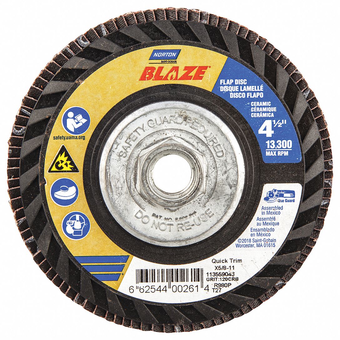 Flap Disc: Type 27, 4-1/2" x 5/8"-11, Ceramic, 120 Grit, Plastic Bk, Std Density, Blaze R980P