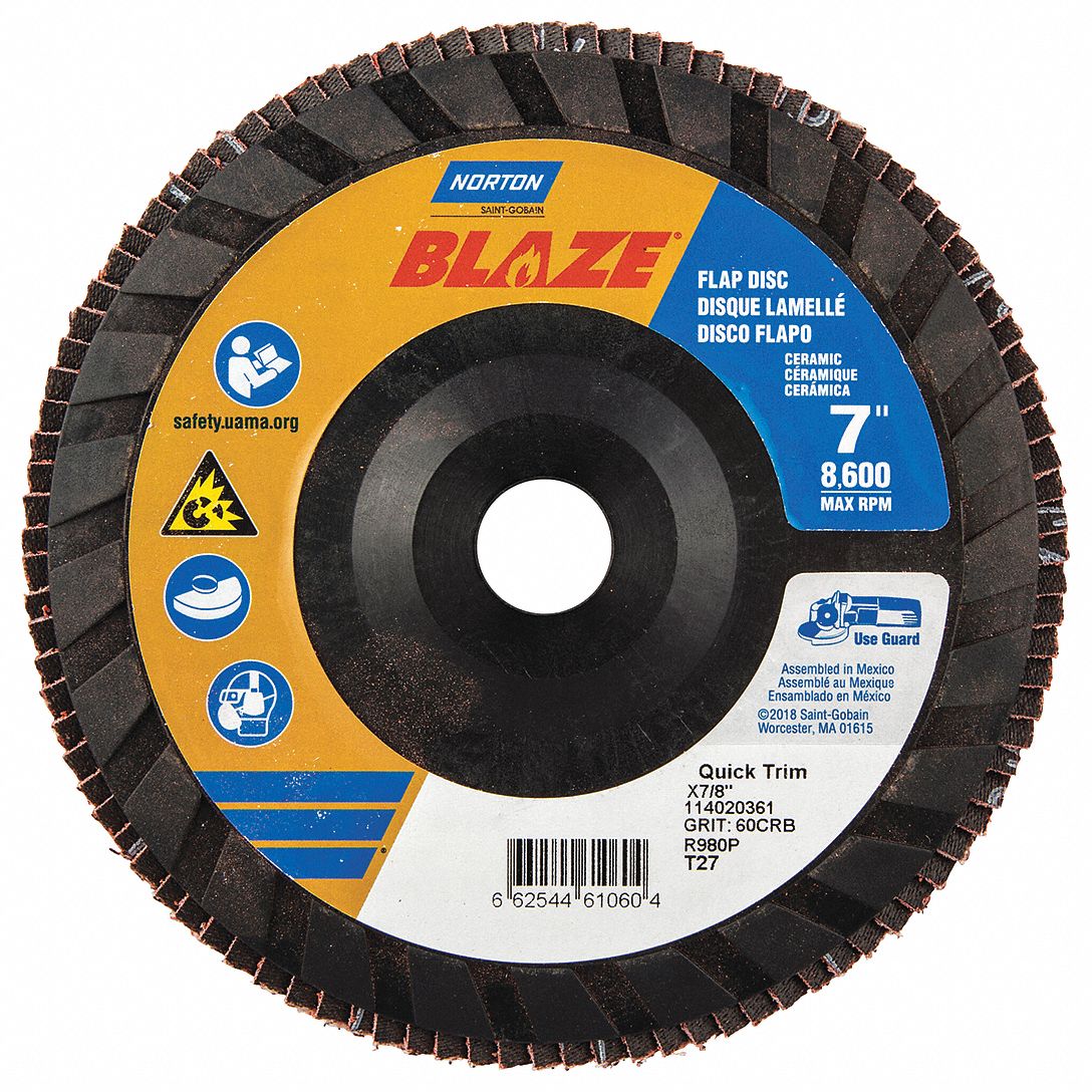 Flap Disc: Type 27, 7" x 7/8", Ceramic, 60 Grit, Plastic Bk, Std Density, Blaze R980P