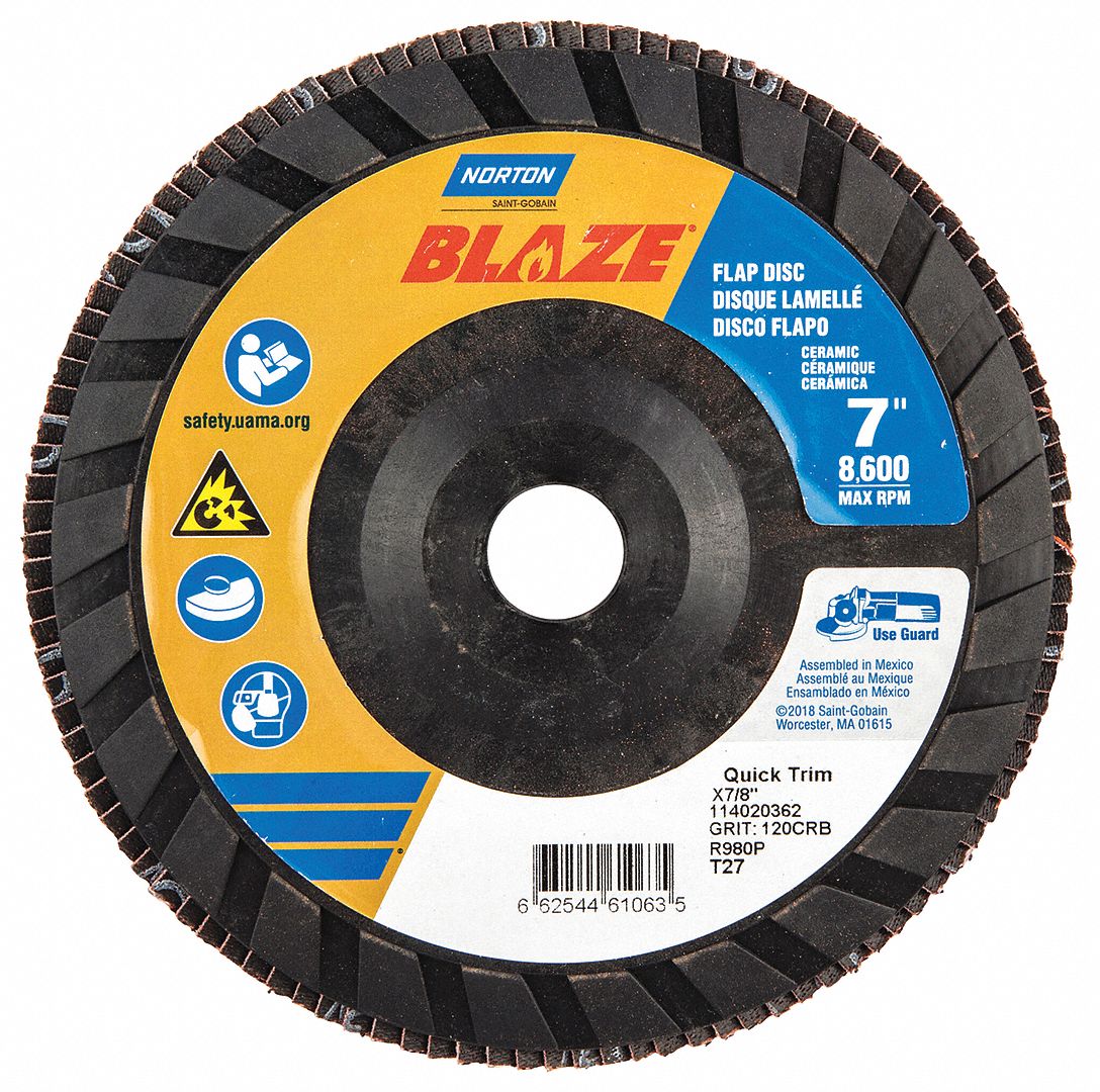Flap Disc: Type 27, 7" x 7/8", Ceramic, 120 Grit, Plastic Bk, Std Density, Blaze R980P