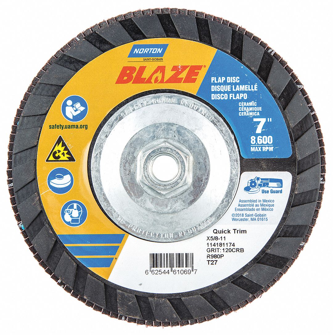 Flap Disc: Type 27, 7" x 5/8"-11, Ceramic, 120 Grit, Plastic Bk, Std Density, Blaze R980P