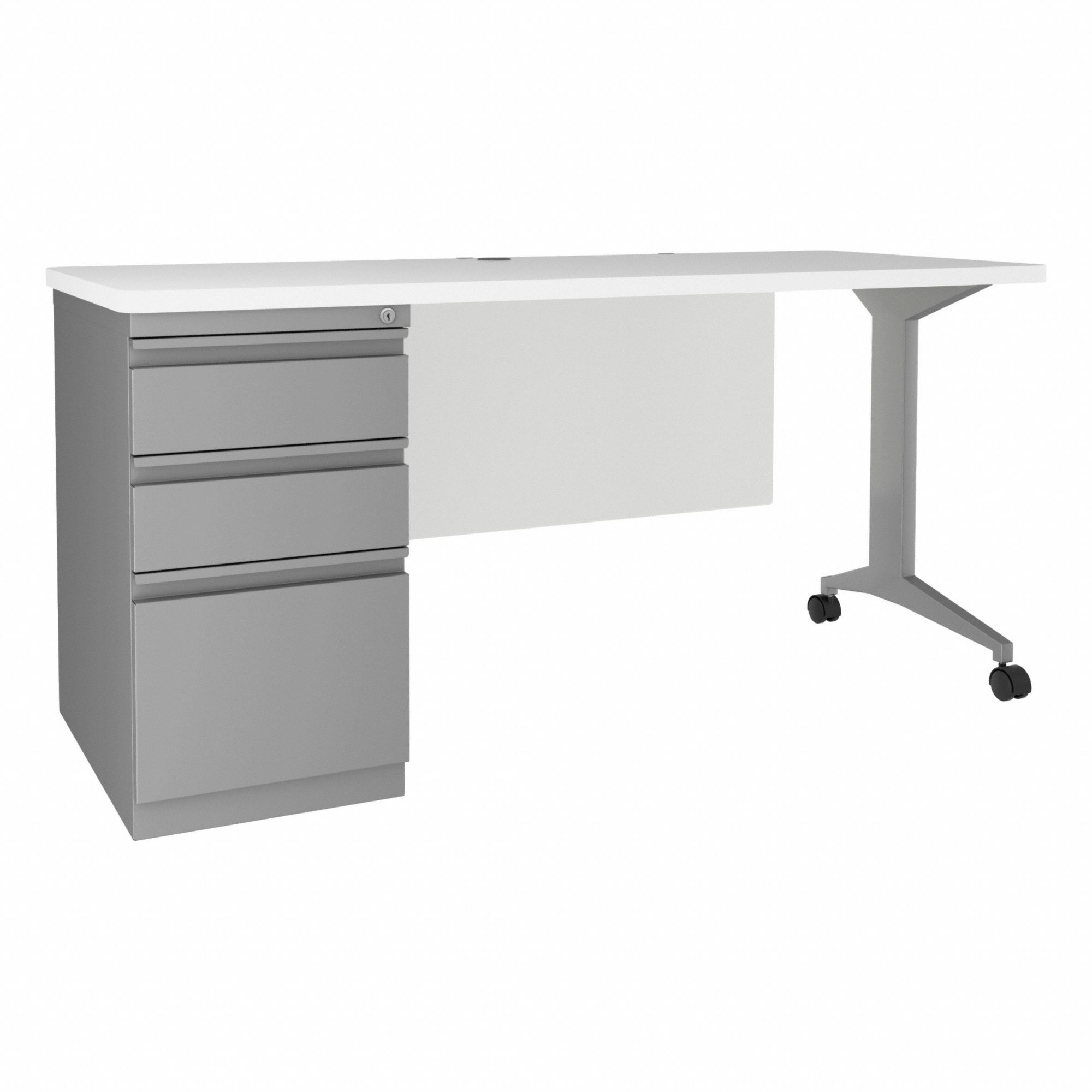 Rectangular Office Desk: Melamine Laminate/Particleboard, White, 1 Pedestals, 3 Drawers