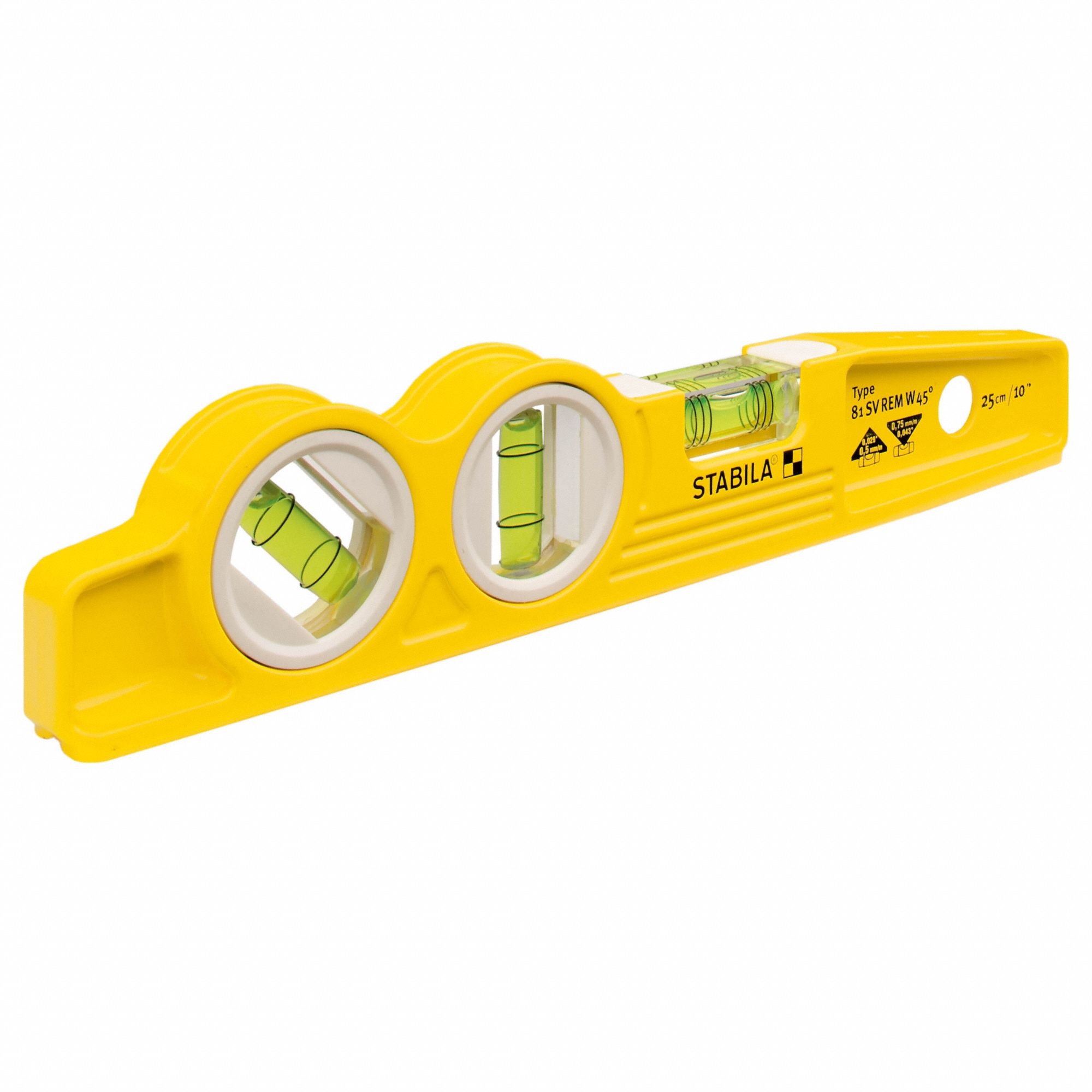 Torpedo Level: Level, Plumb & 45° Angle, Torpedo, 0, 10 in Overall Lg, Top & Side Read