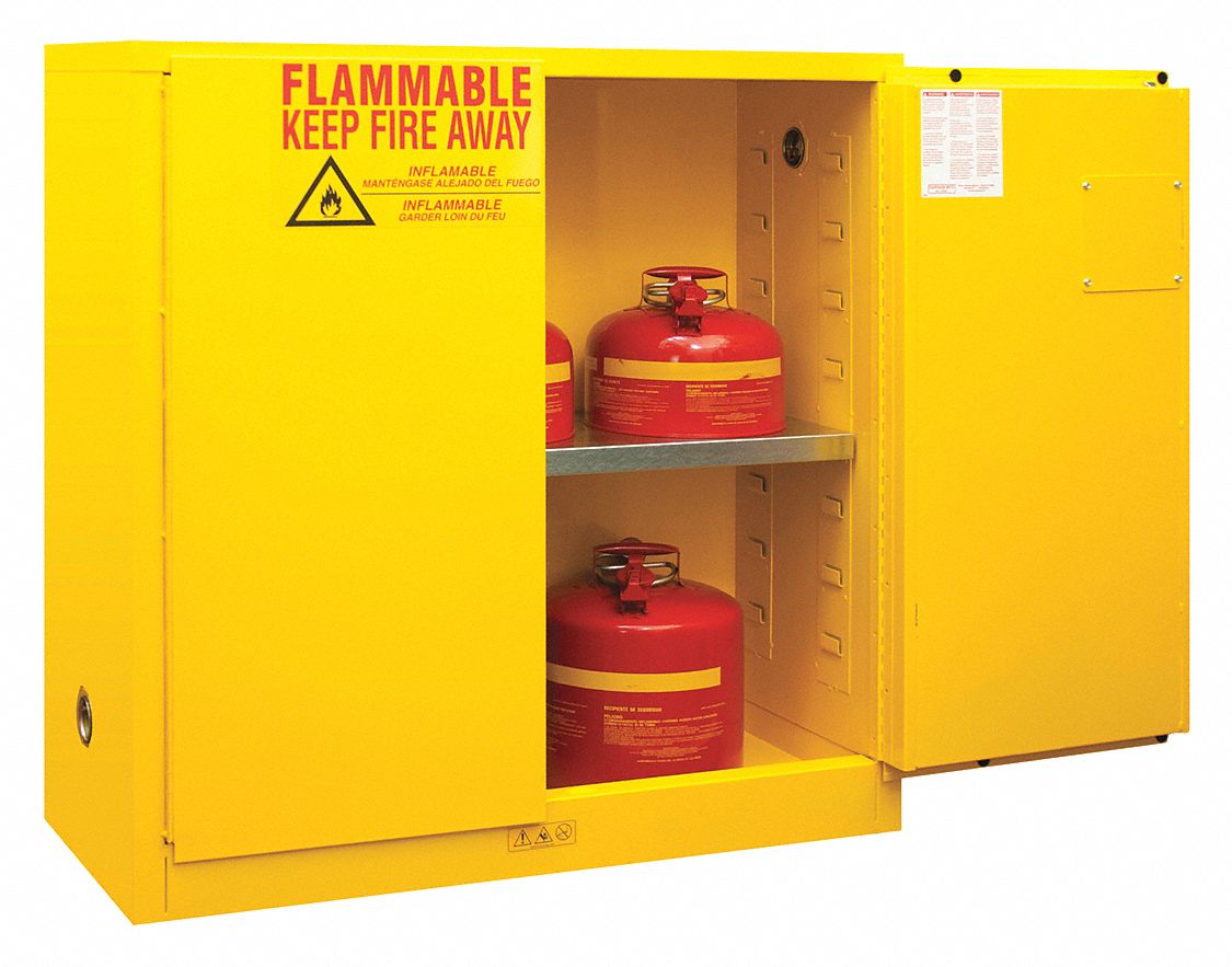 FLAMMABLES SAFETY CABINET, STANDARD, 30 GALLON, 43 X 18 X 44 IN, YELLOW, MANUAL CLOSE