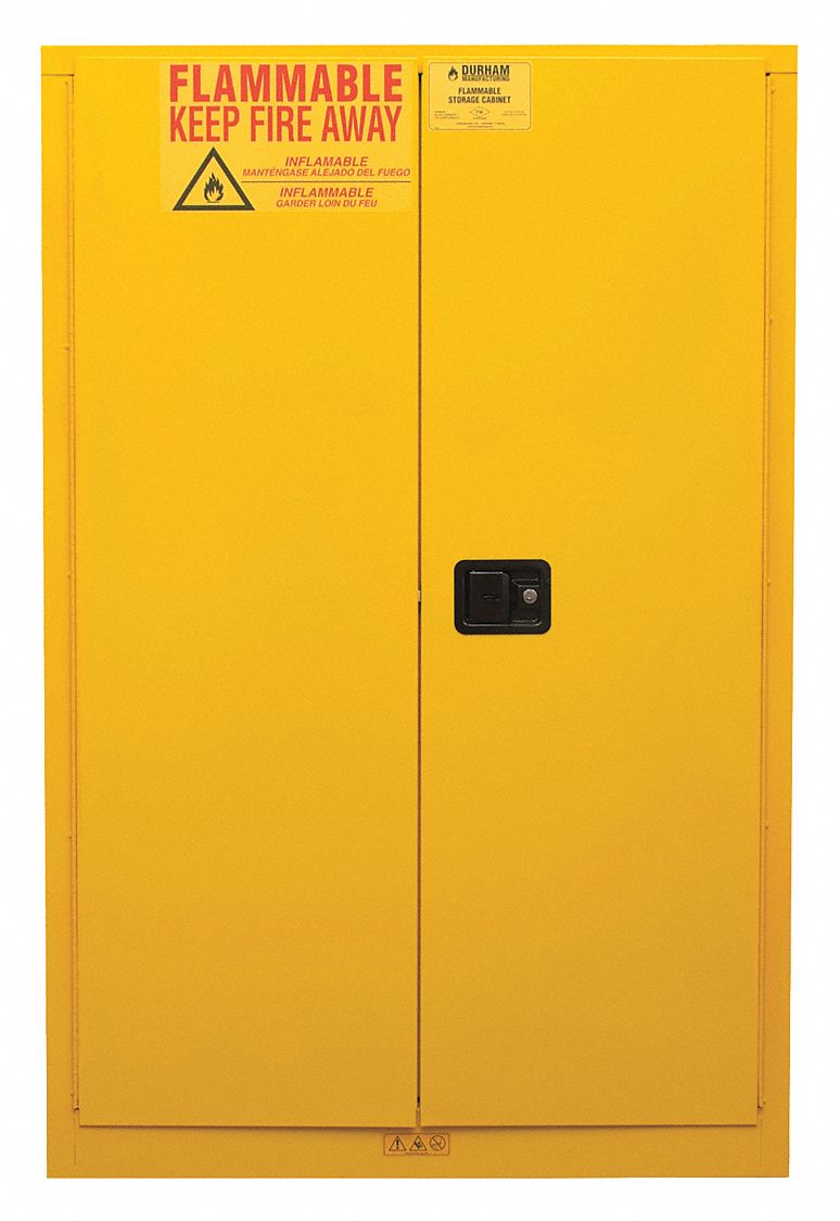 FLAMMABLES SAFETY CABINET, STANDARD, 45 GALLON, 43 X 18 X 65 IN, YELLOW, MANUAL CLOSE