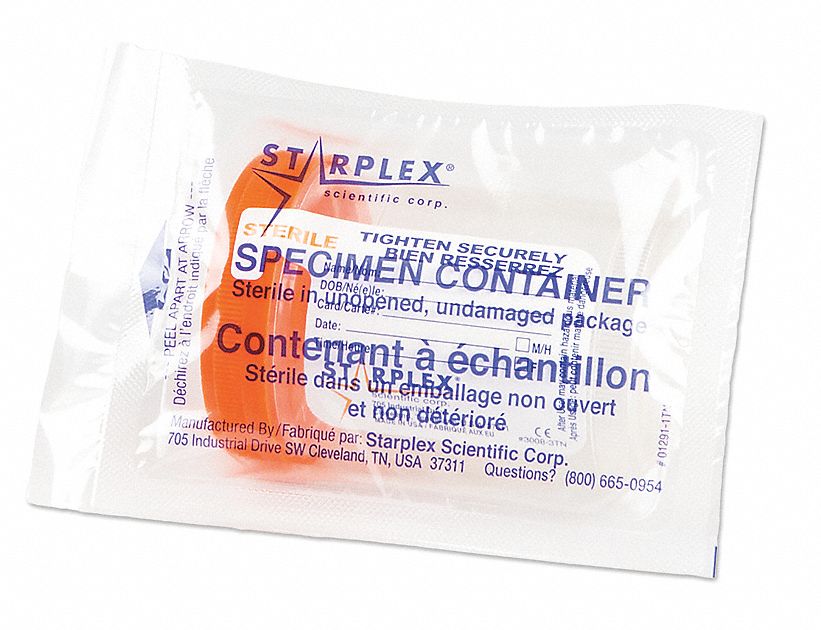 Specimen Container: 4 fl oz Capacity - oz, 120 mL Capacity - mL, Sterile