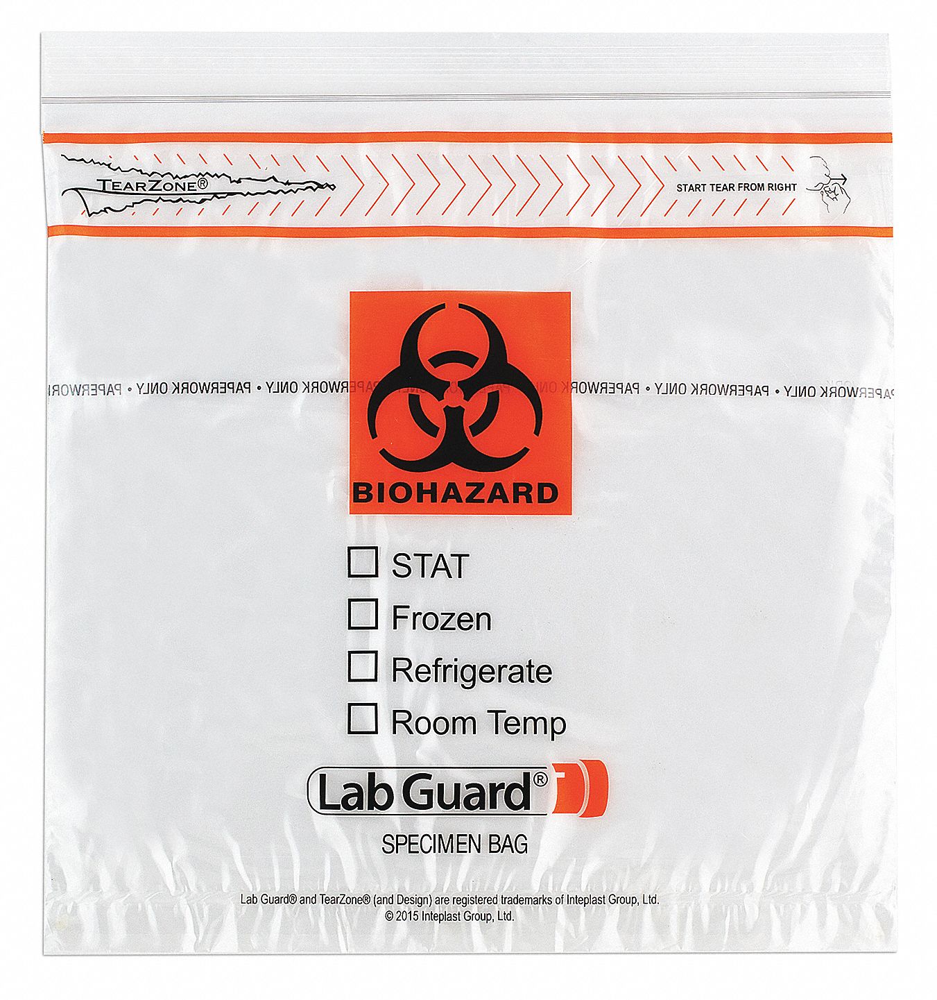Specimen Transfer Bag: LDPE, Biohazard, 1.75 mil Thick, Clear, 10 in Overall Ht, 4925, 1, 000 PK