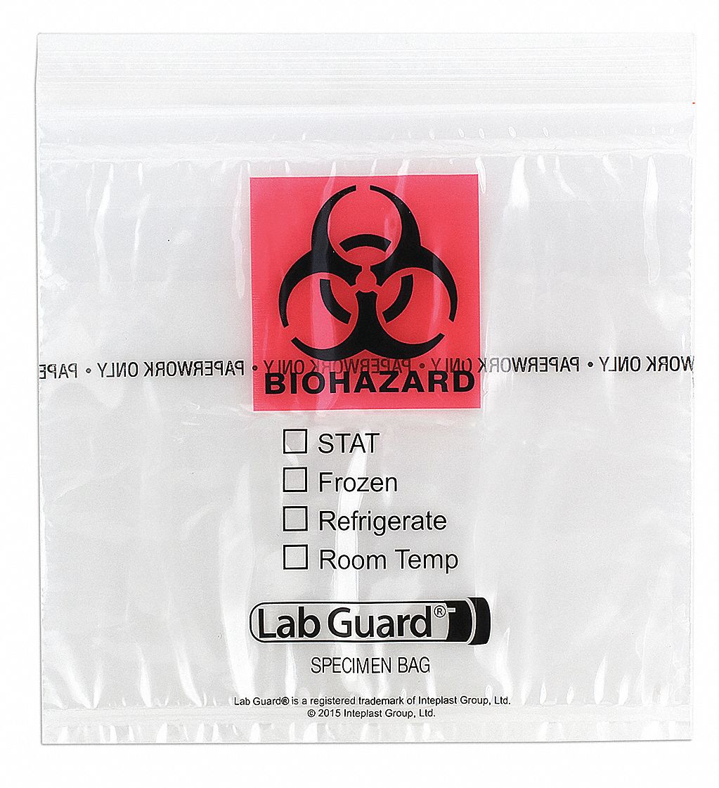 Specimen Transfer Bag: LDPE, Biohazard, 1.75 mil Thick, Clear, 6 in Overall Ht, 49-91, 1, 000 PK