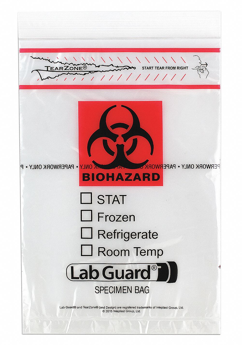 Specimen Transfer Bag: LDPE, Biohazard, 1.75 mil Thick, Clear, 9 in Overall Ht, 49-98, 1, 000 PK