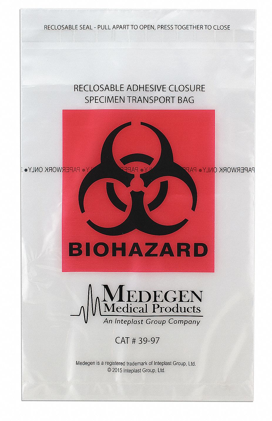 Specimen Transfer Bag: LDPE, Biohazard, 1.75 mil Thick, Clear, 10 in Overall Ht, 39-97, 1, 000 PK
