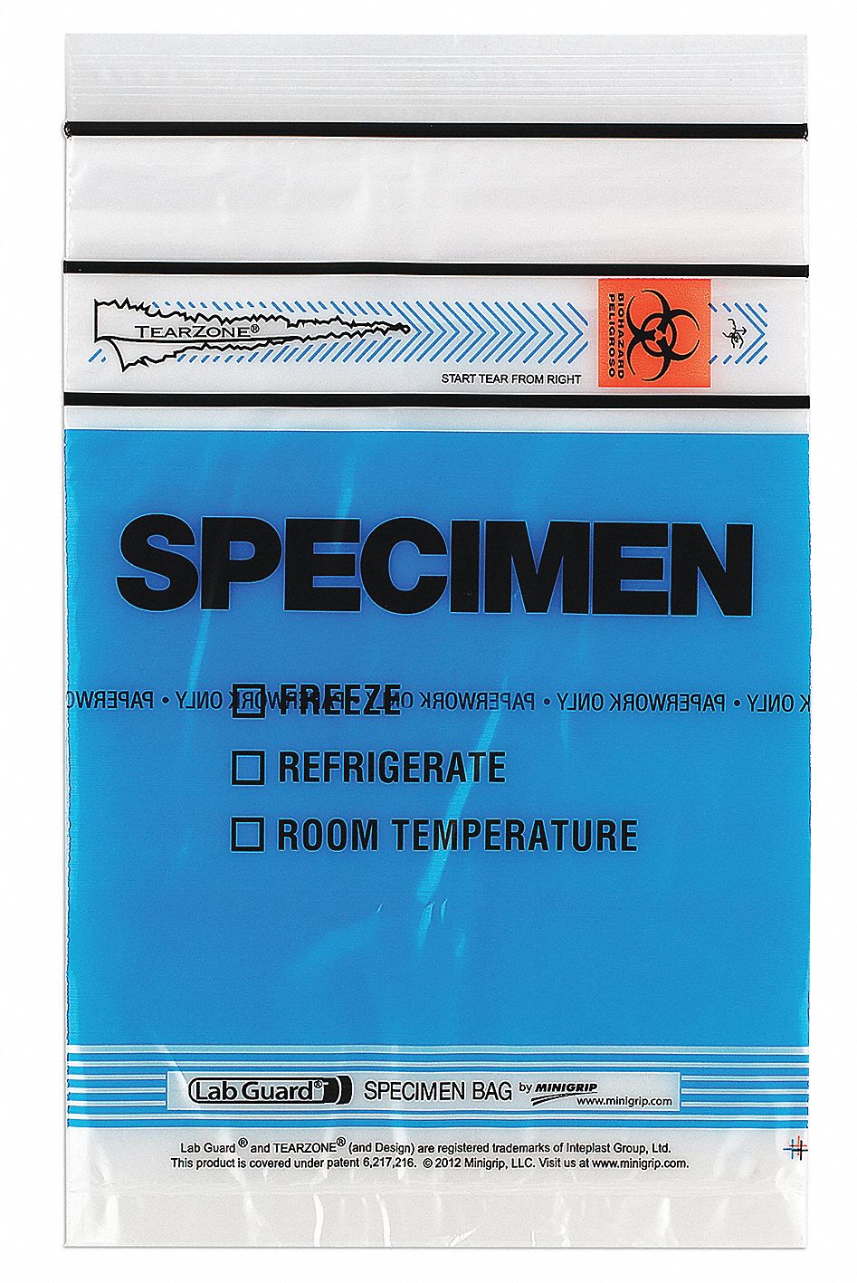 Specimen Transfer Bag: LDPE, Biohazard, 1.75 mil Thick, Blue, 9 in Overall Ht, Non-Sterile, 1, 000 PK